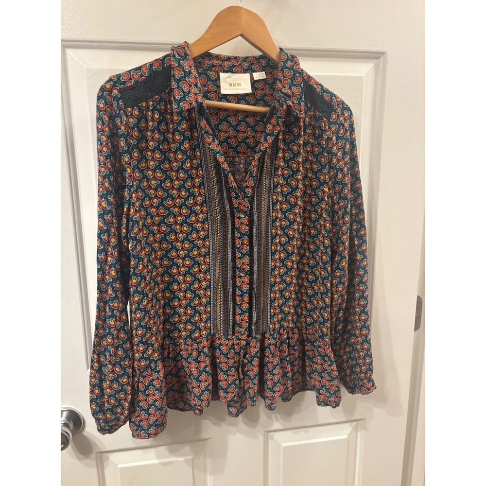Maeve Anthropologie Floral Lace Trim Peplum Blouse Multi-Color Boho Top Size 8